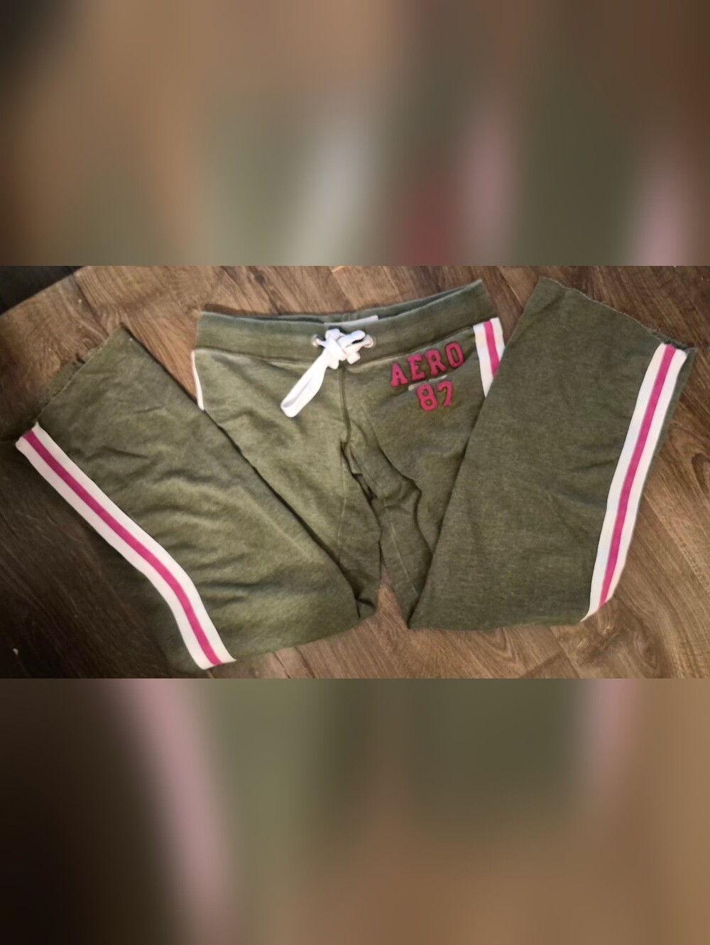 Aeropostale Olive Green Sweatpants with Pink Logo & White Drawstring